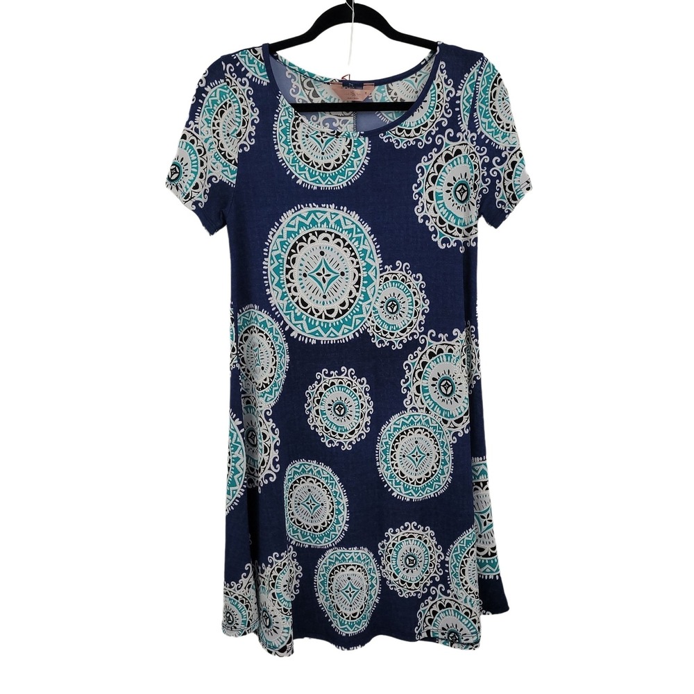 Vtg 80s 3D Medallion Mini Shift‎ Dress Sz M Blue Stretch Resort Vacation Mexico